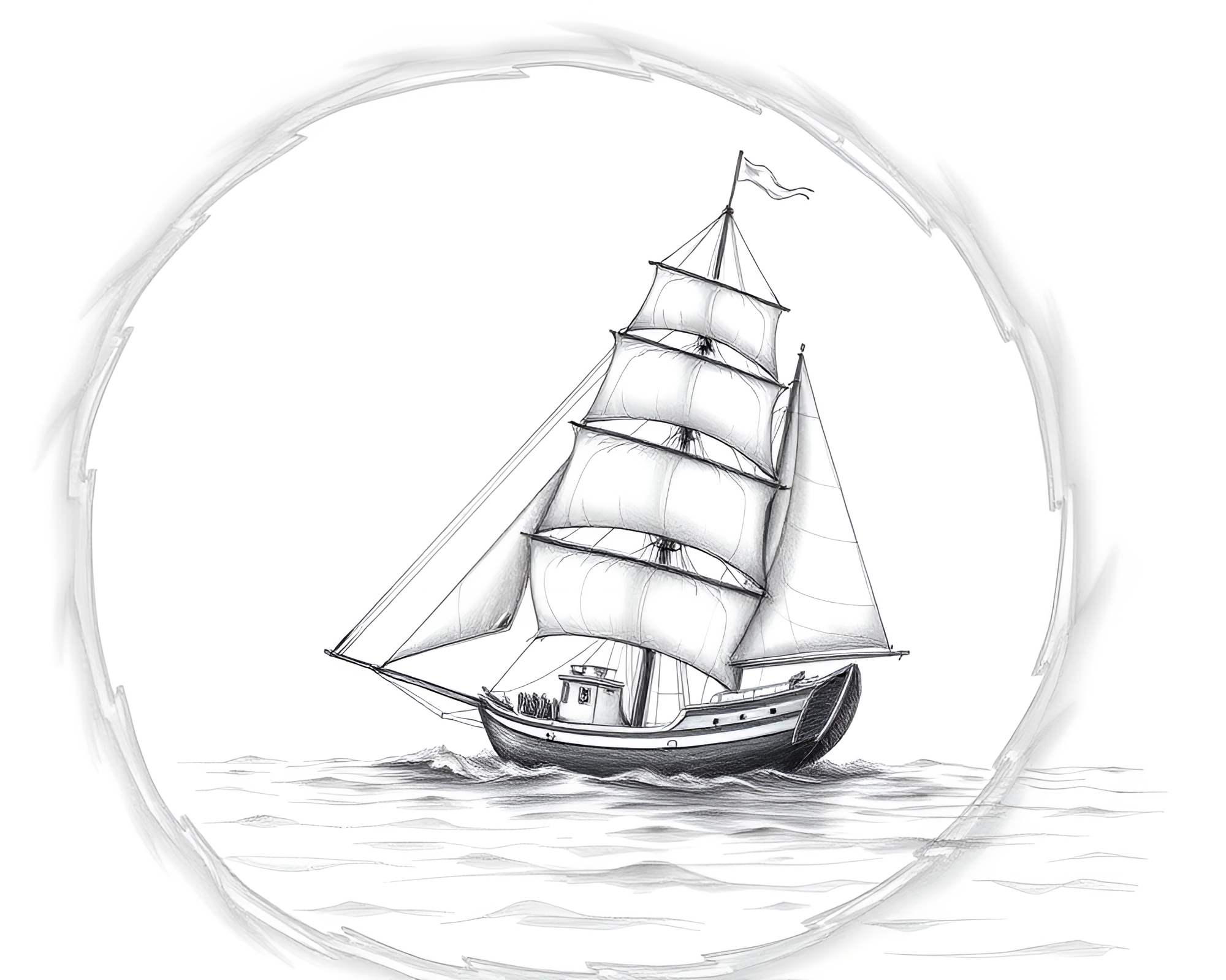 Spiral Sketch of Classic Sailing Ship in Graphite Gray – free AI stock image