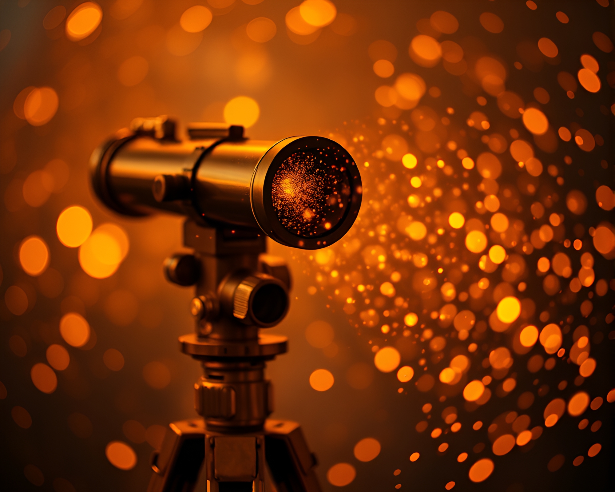 Vintage telescope surrounded by floating embers in cosmic dust – free AI stock image