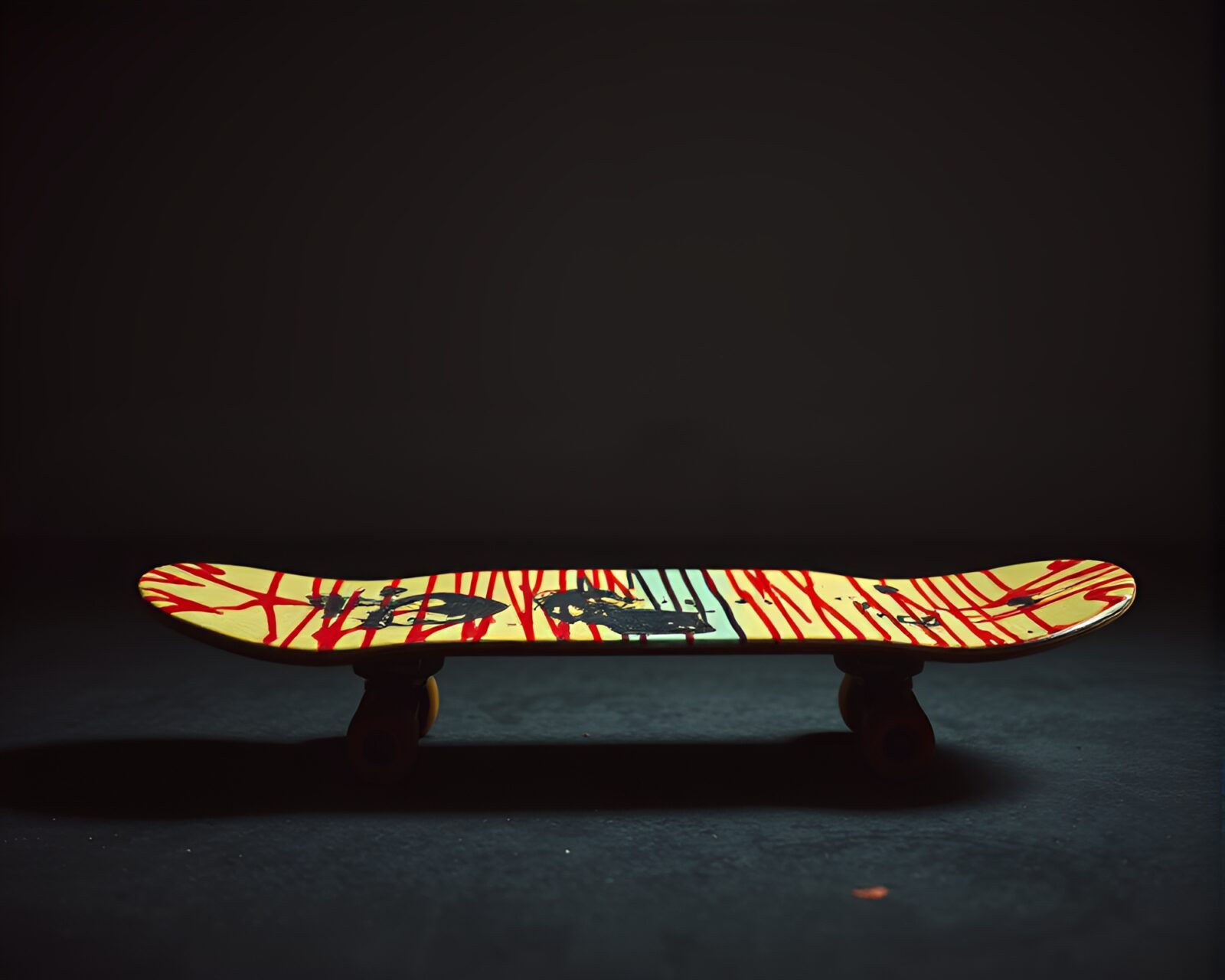 Dynamic skateboarder against abstract spray paint backdrop in cel shading style.
