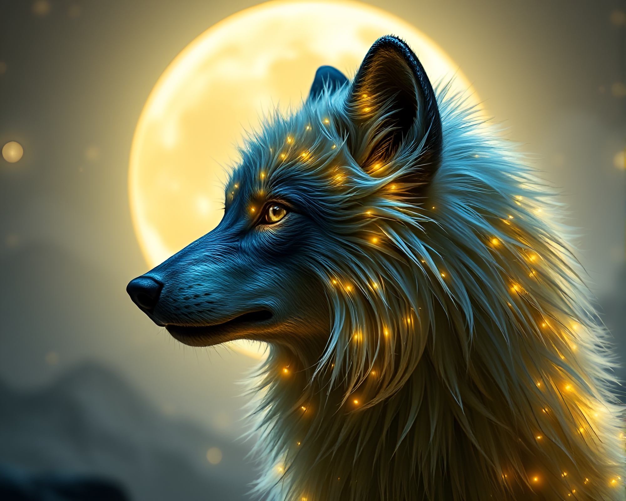 Moonlit Wolf in Hair Simulation Panorama – free AI stock image