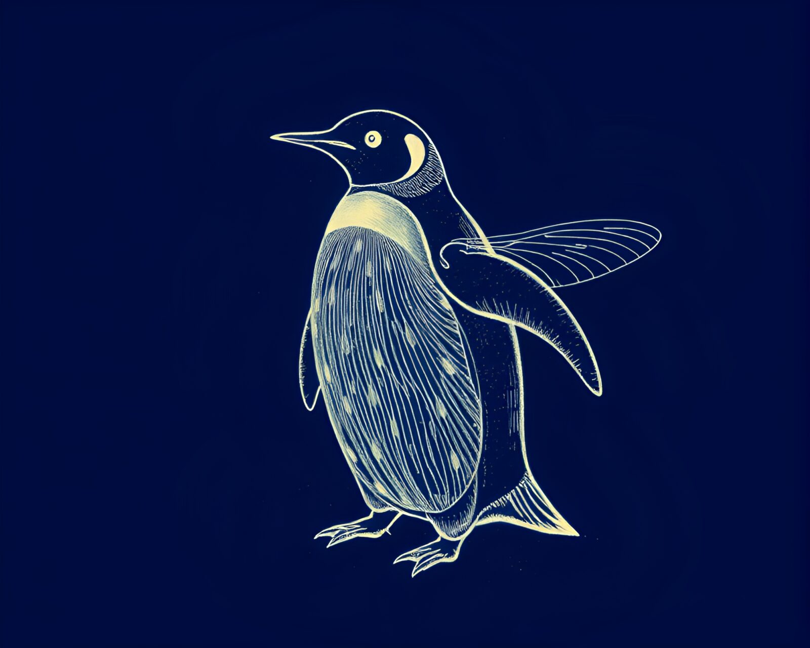 Detailed etching lines of a penguin glowing with firefly light
