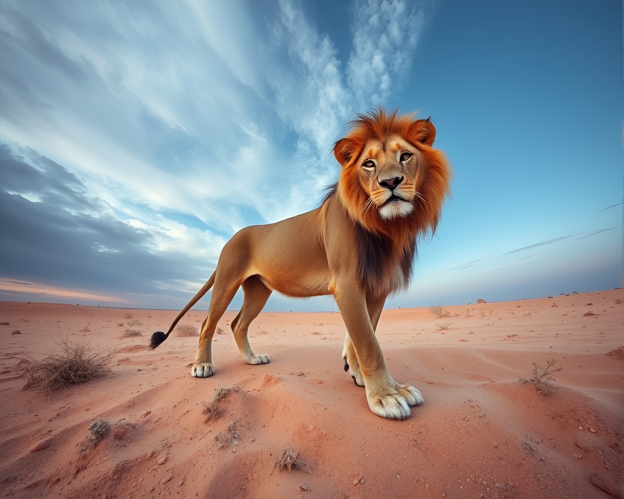 Majestic Lion in Desert Sunset Tri-Tone – free AI stock image