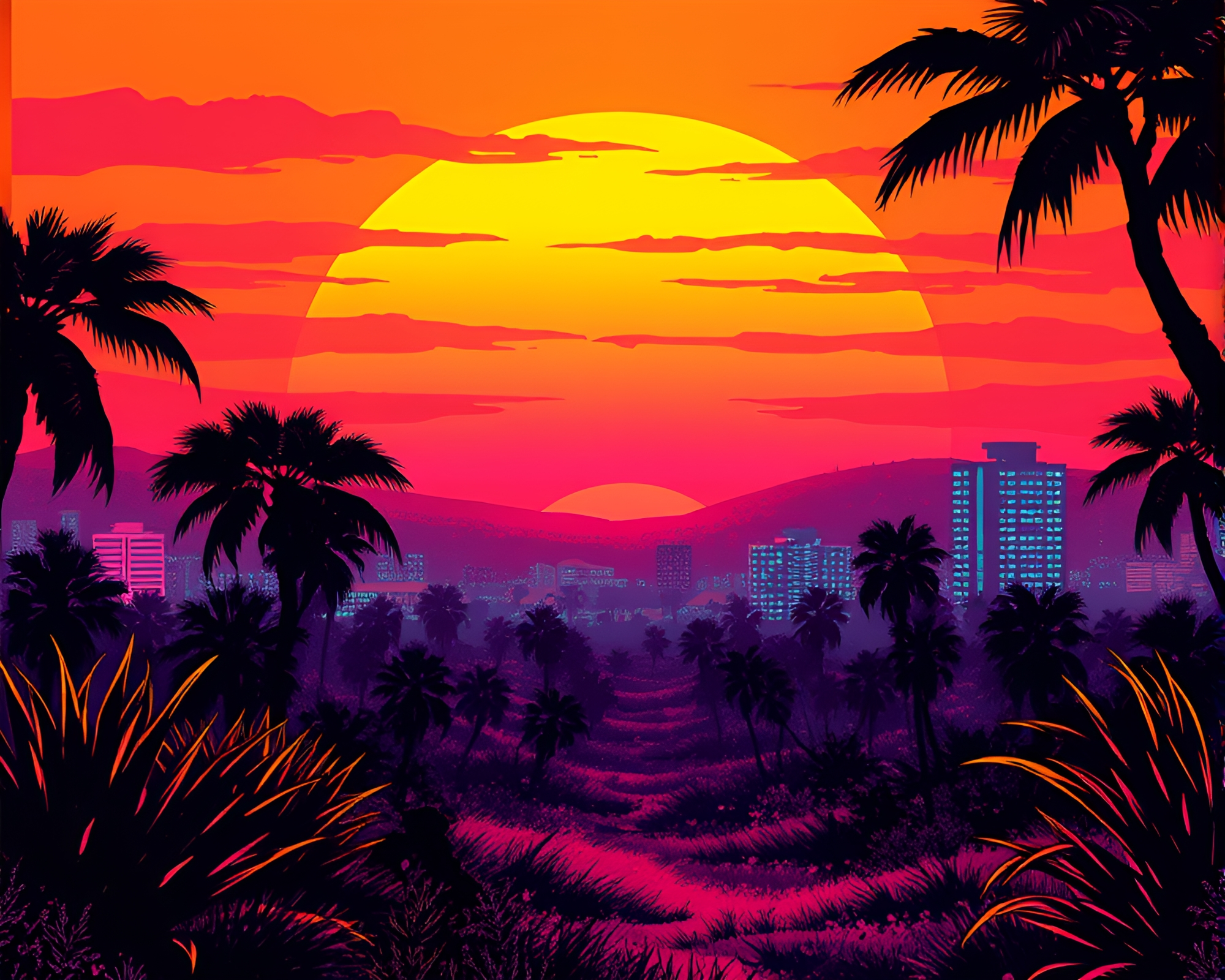 Savanna Sunset: Neon City Ink Wash Vector Art – free AI stock image