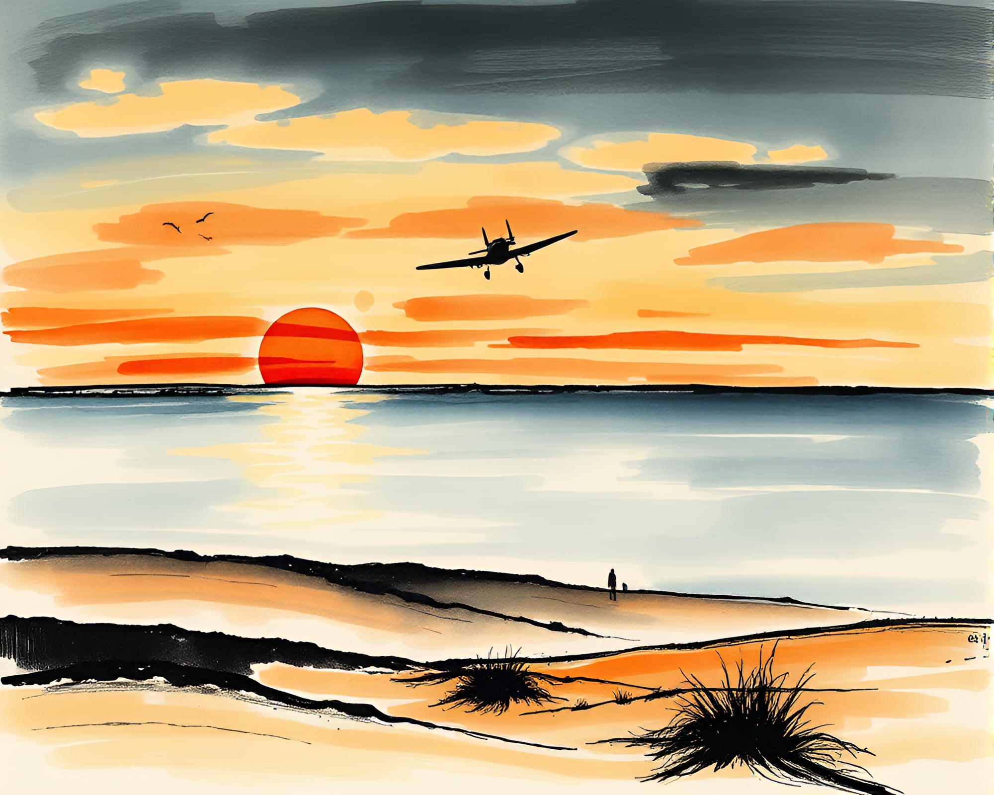 Desert Sunset Sea Plane Ink Wash Landscape – free AI stock image