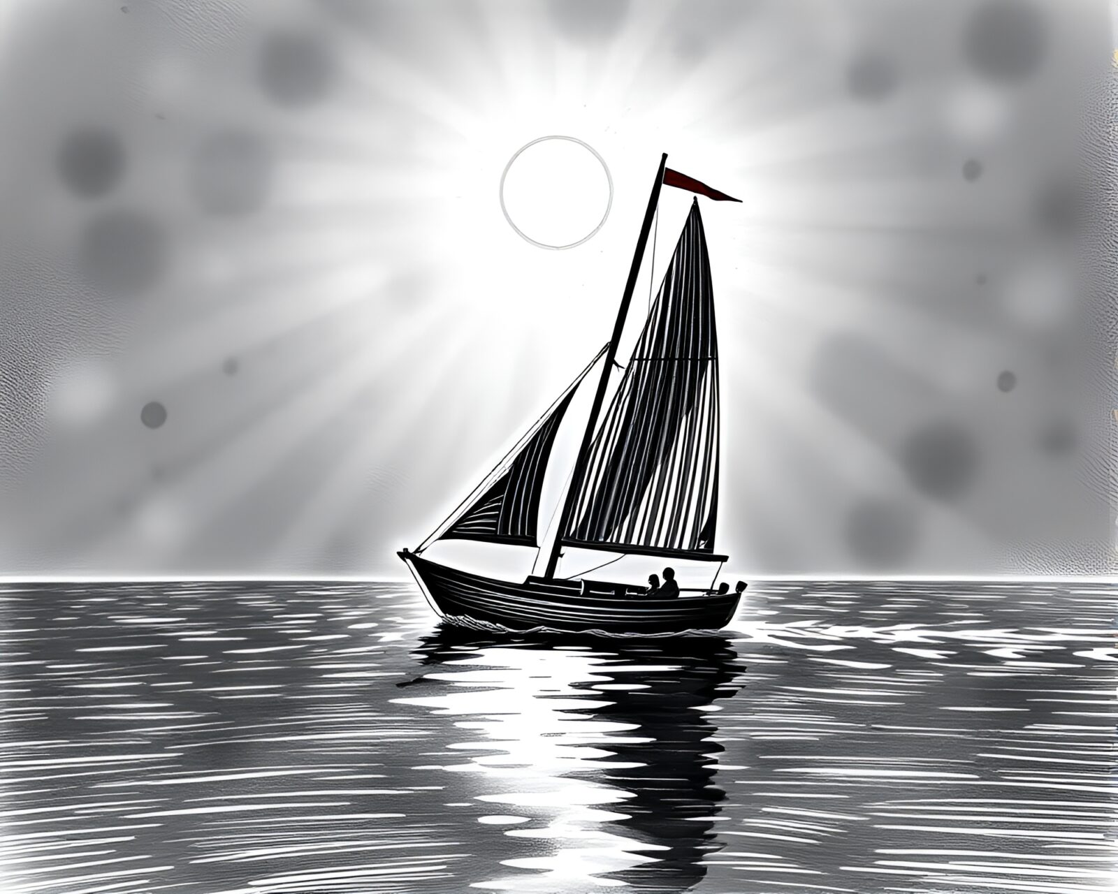 Colorful solar sailboat with intricate crosshatched details sailing under spotlight
