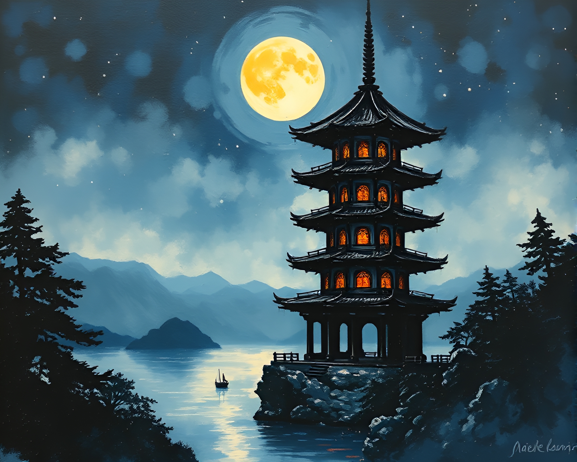 Moonlit Pagoda with Ink Splashes: Oil Painting Artwork – free AI stock image