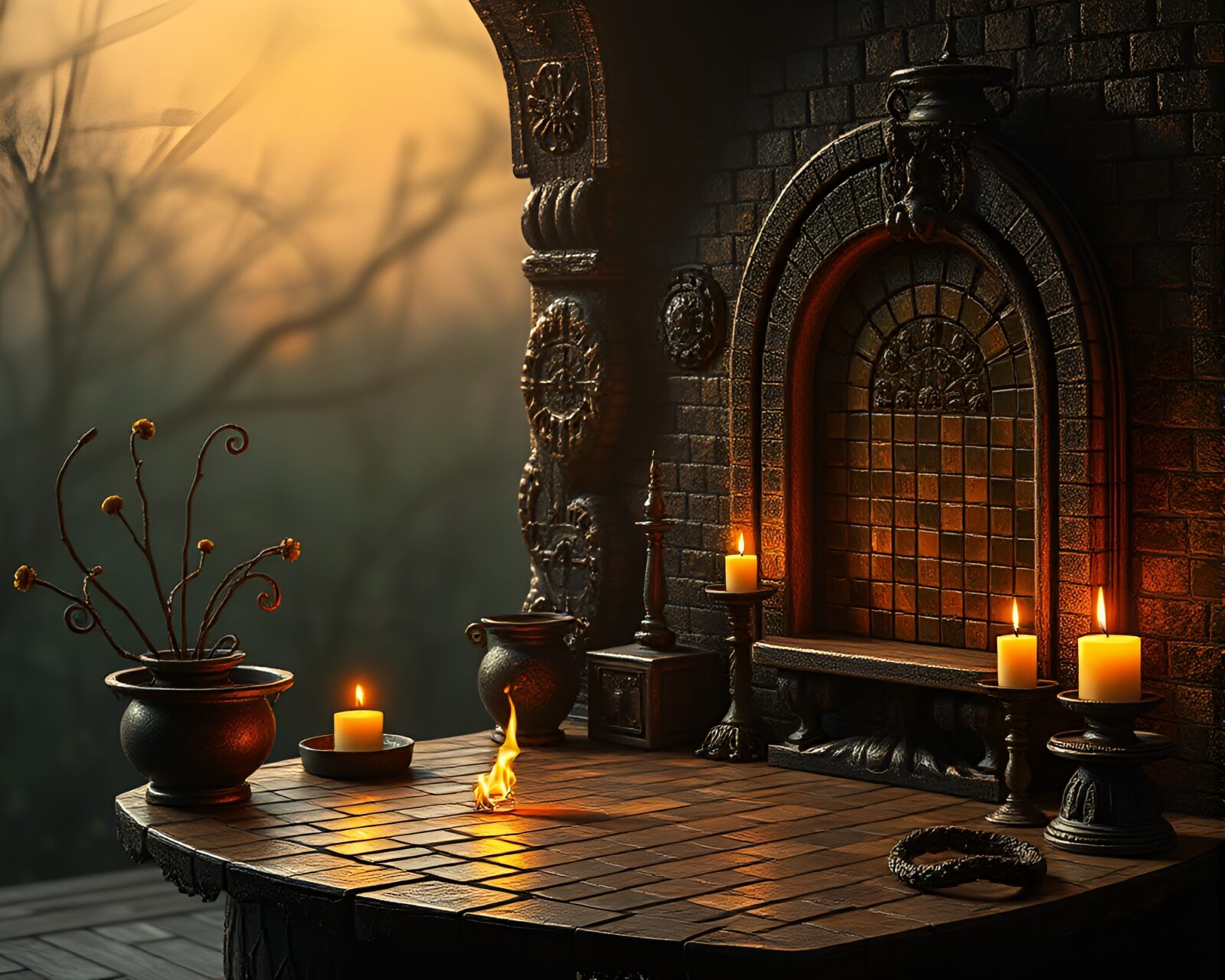 Eerie candlelit scene with a rusty pocketknife in a mosaic