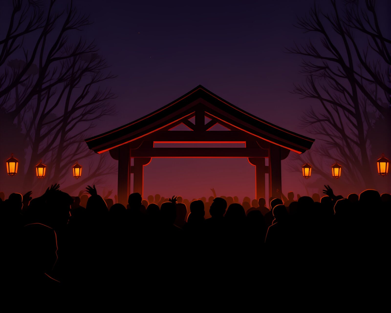 Cartoon-style scene of shadowy figures walking on wooden bridge