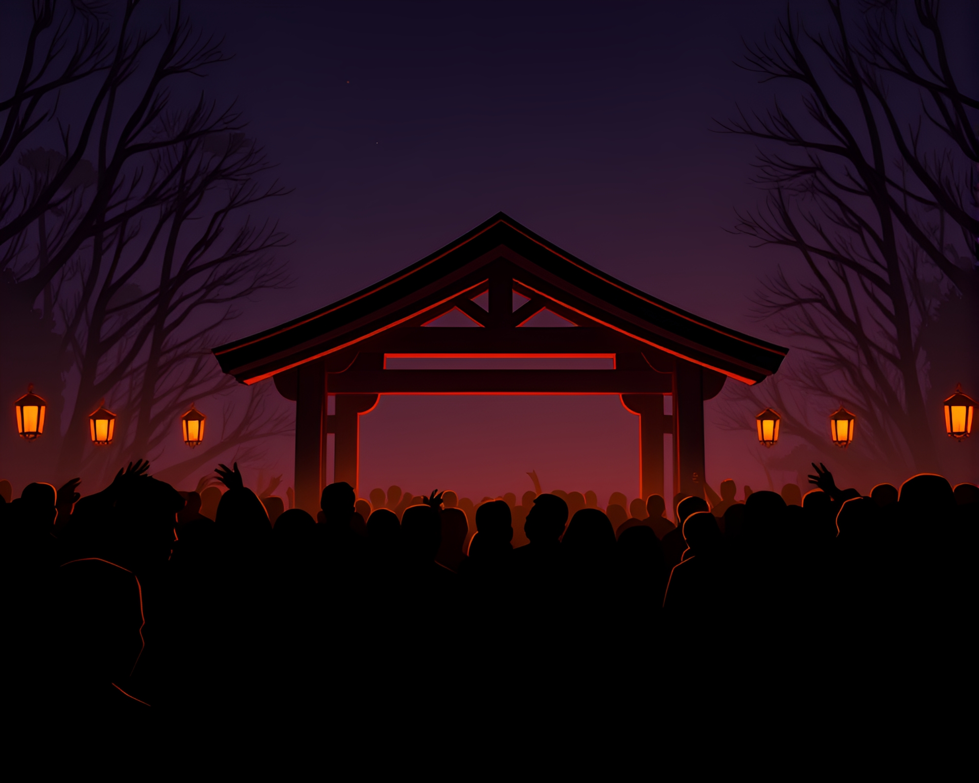 Crowd Silhouette on Wooden Bridge Under Theatrical Lighting – free AI stock image