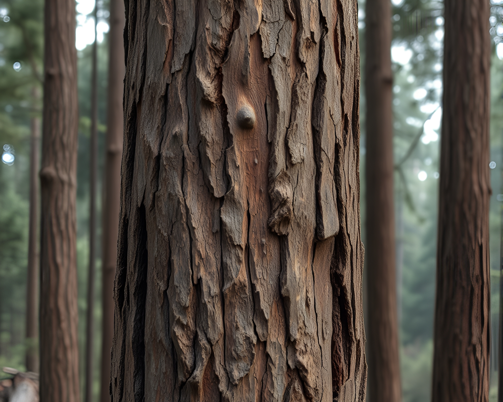 Torn Redwood: Mesmerizing Particle Oil Texture Forest Scene – free AI stock image