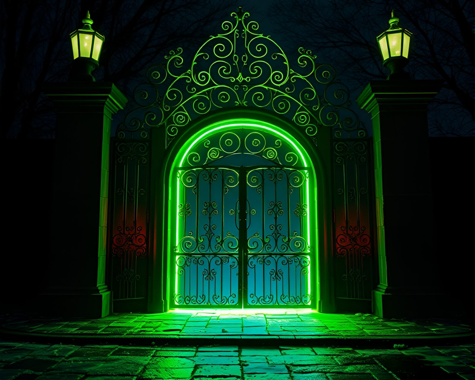 Mysterious gate illuminated by glowing fluid in motion