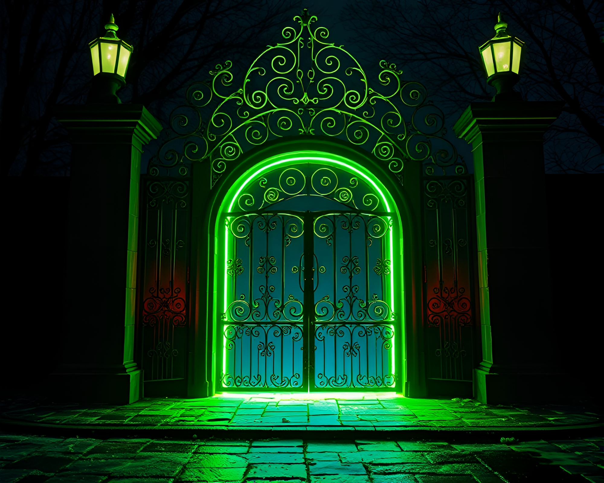 Enigmatic Wrought Iron Gate in Fluorescent Fluid Glow – free AI stock image