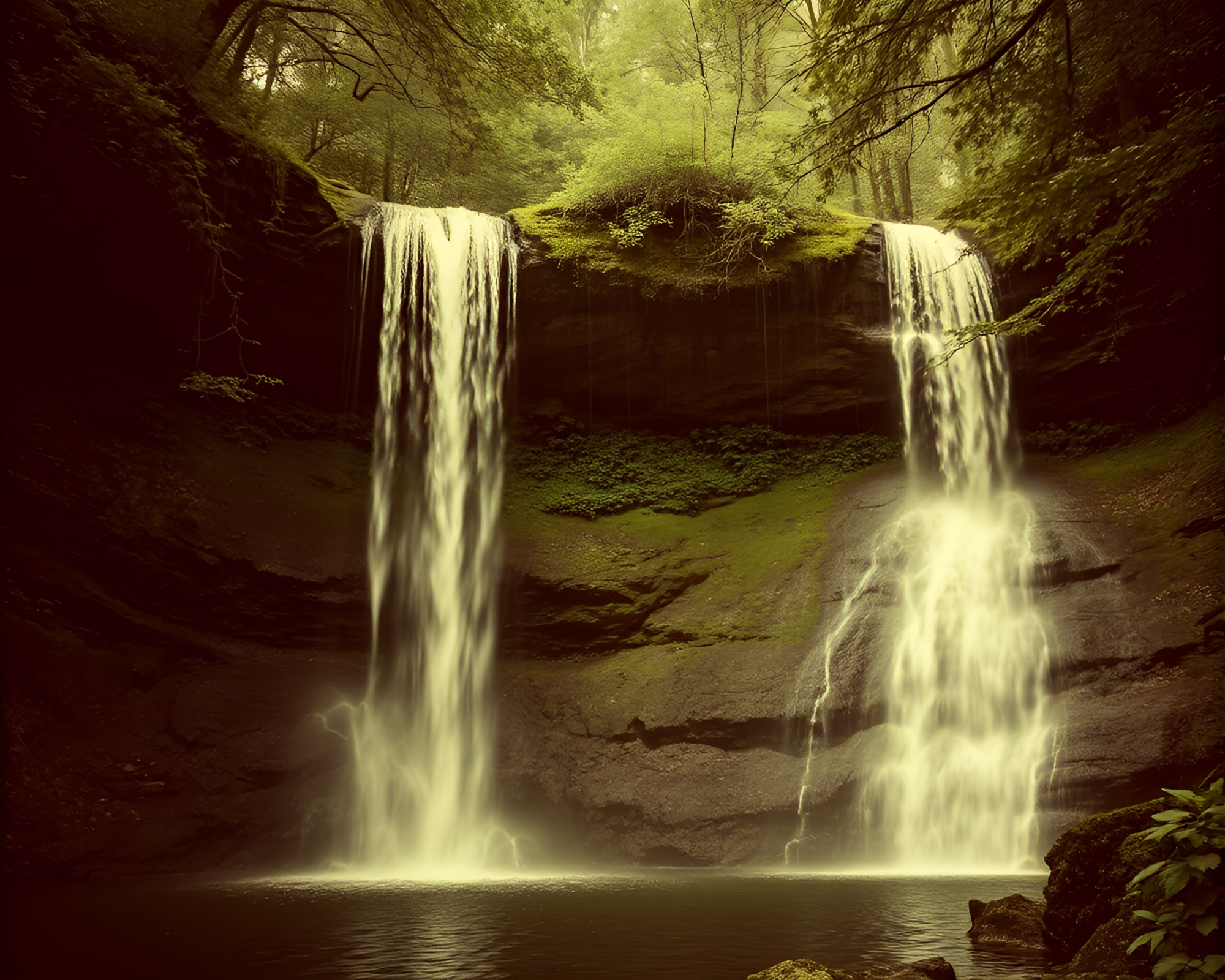 Serenity in Sepia: Forest Waterfall Portrait – free AI stock image