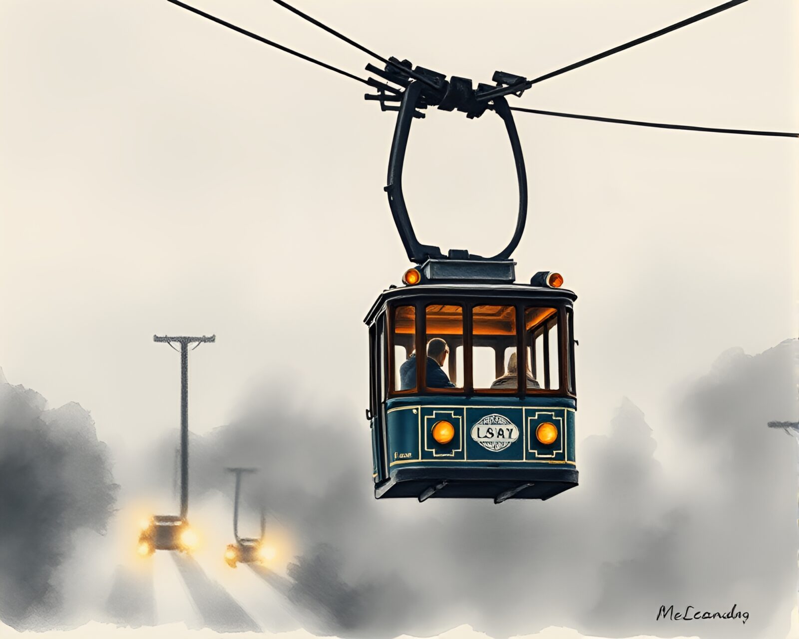 Ink wash style pastel scene: Gondola lift with car light streaks