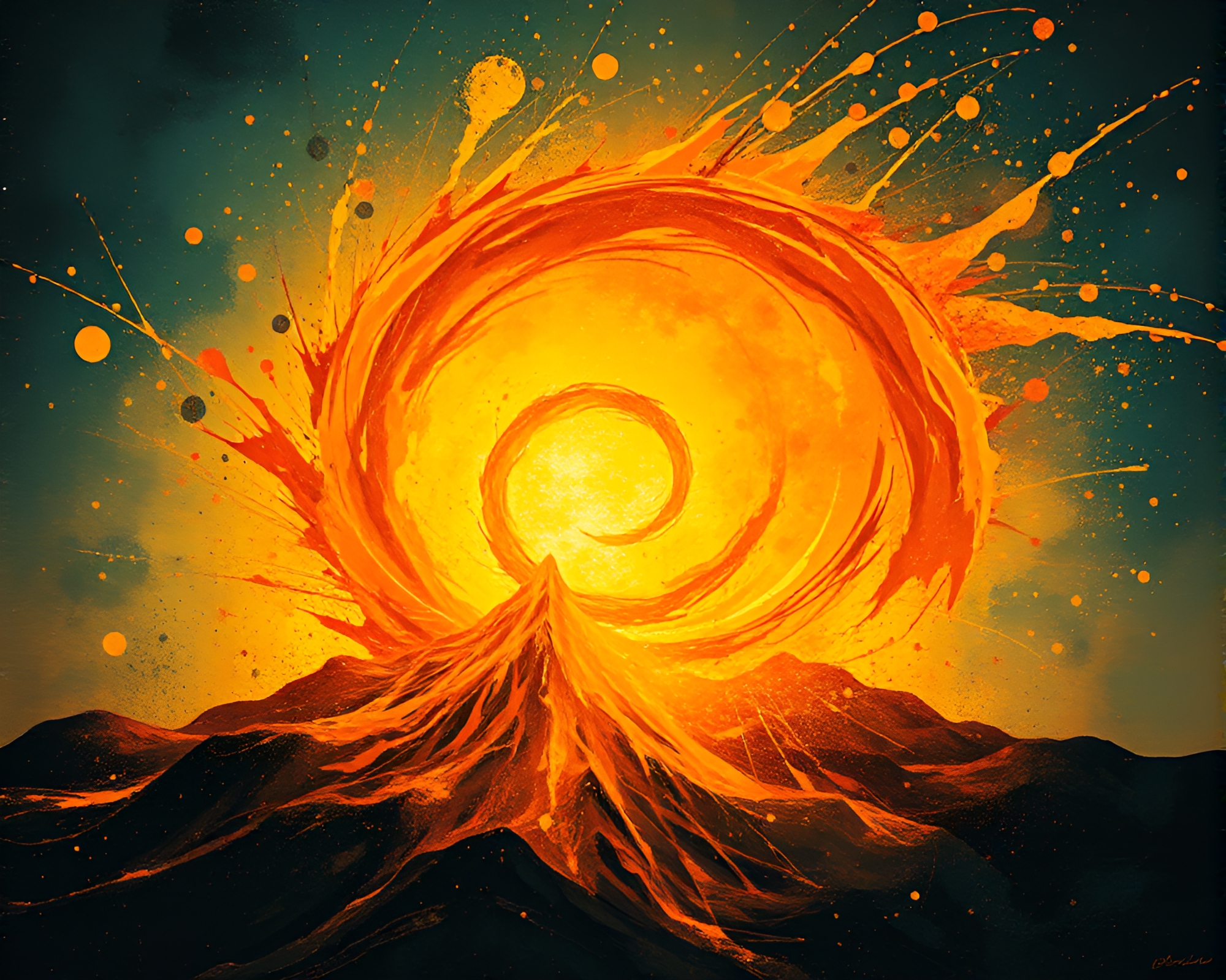 Volcanic Spiral Eruption: Topaz Splatter Art Masterpiece – free AI stock image