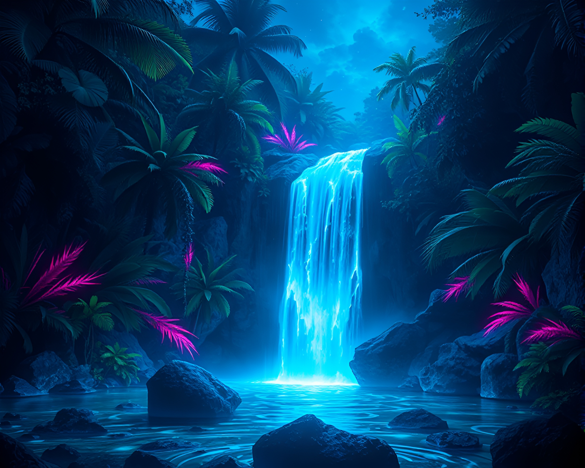 Tropical Waterfall Bioluminescent Street Art – free AI stock image
