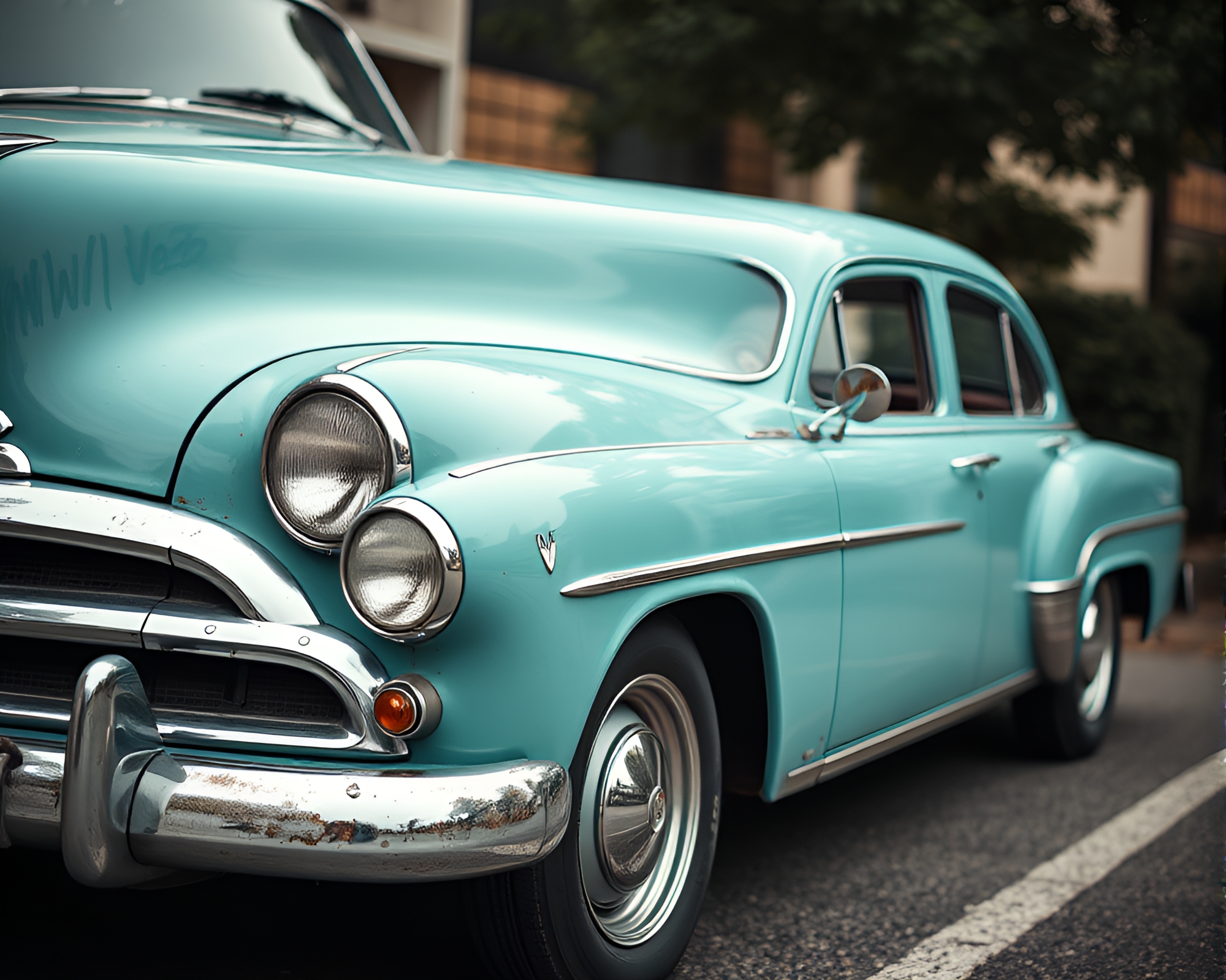 Vintage car submerged in ethereal teal duochrome layers – free AI stock image