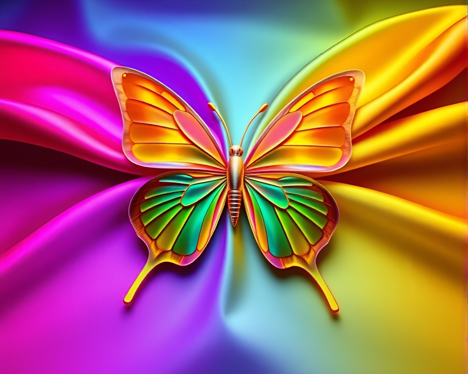 Colorful silk butterfly on neon fabric folds, AI style
