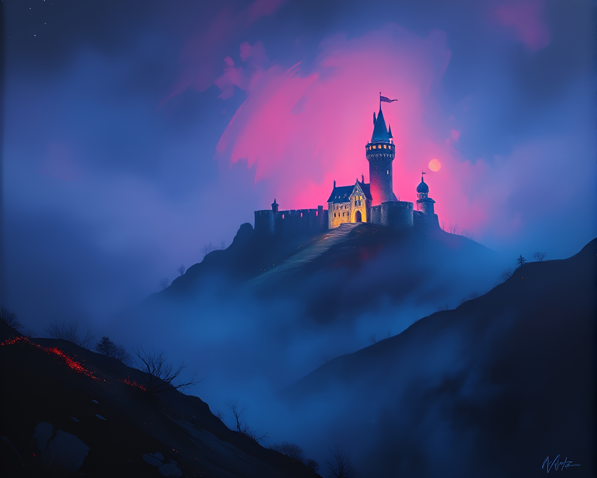 Deserted Castle Enveloped in Glow-in-the-Dark Fog Banks – free AI stock image