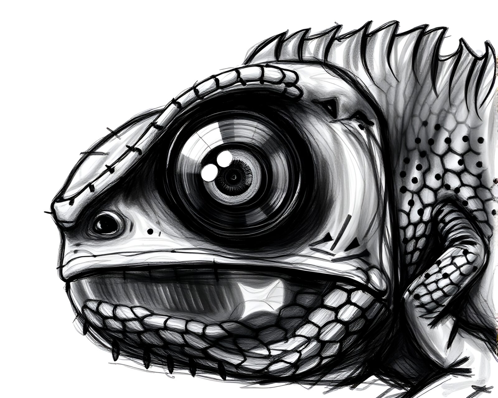 Detailed charcoal illustration of chameleon in serene blue tones