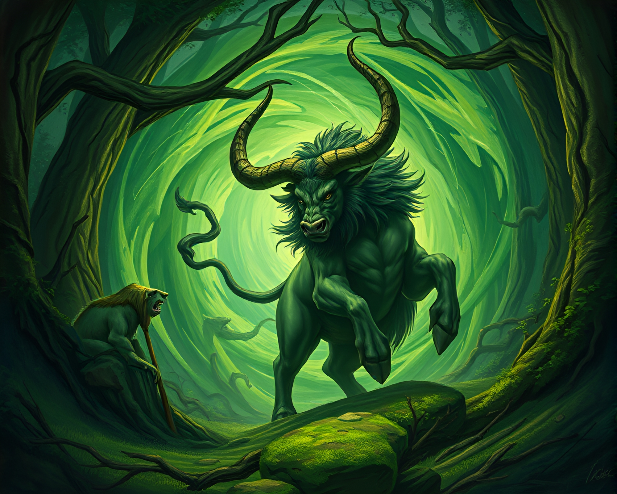 Enchanted Forest Minotaur Emerges from Swirling Vortex – free AI stock image