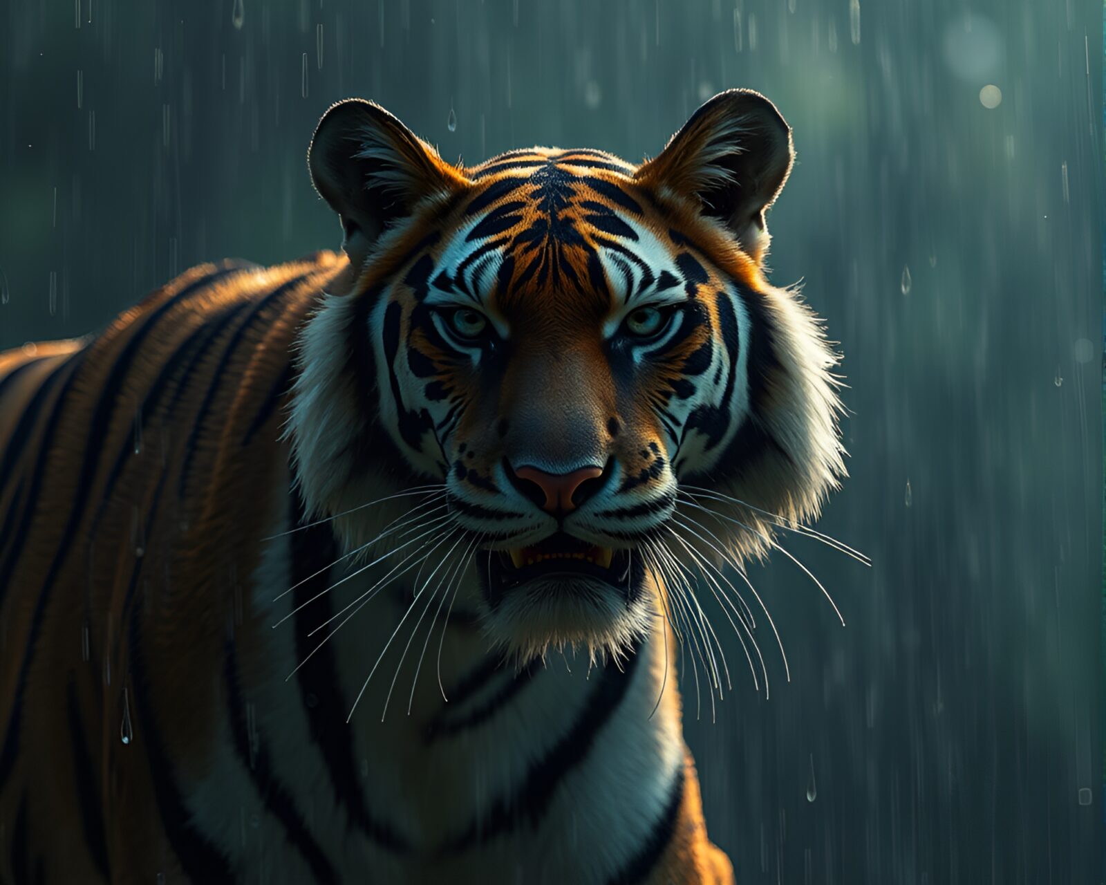 Surreal 3D scan of a tiger enveloped in rain droplets