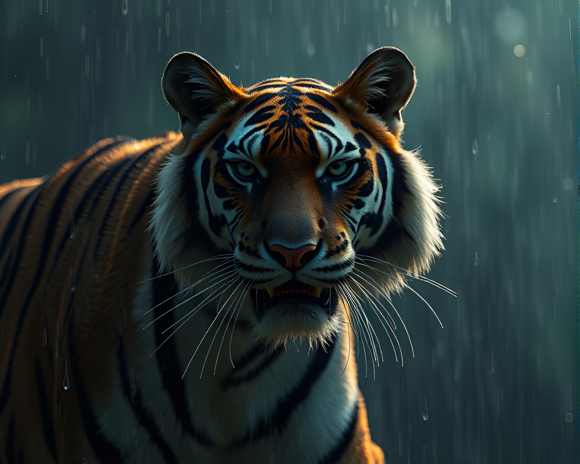 Mesmerizing Tiger in Rain Droplets with Rim Lighting – free AI stock image