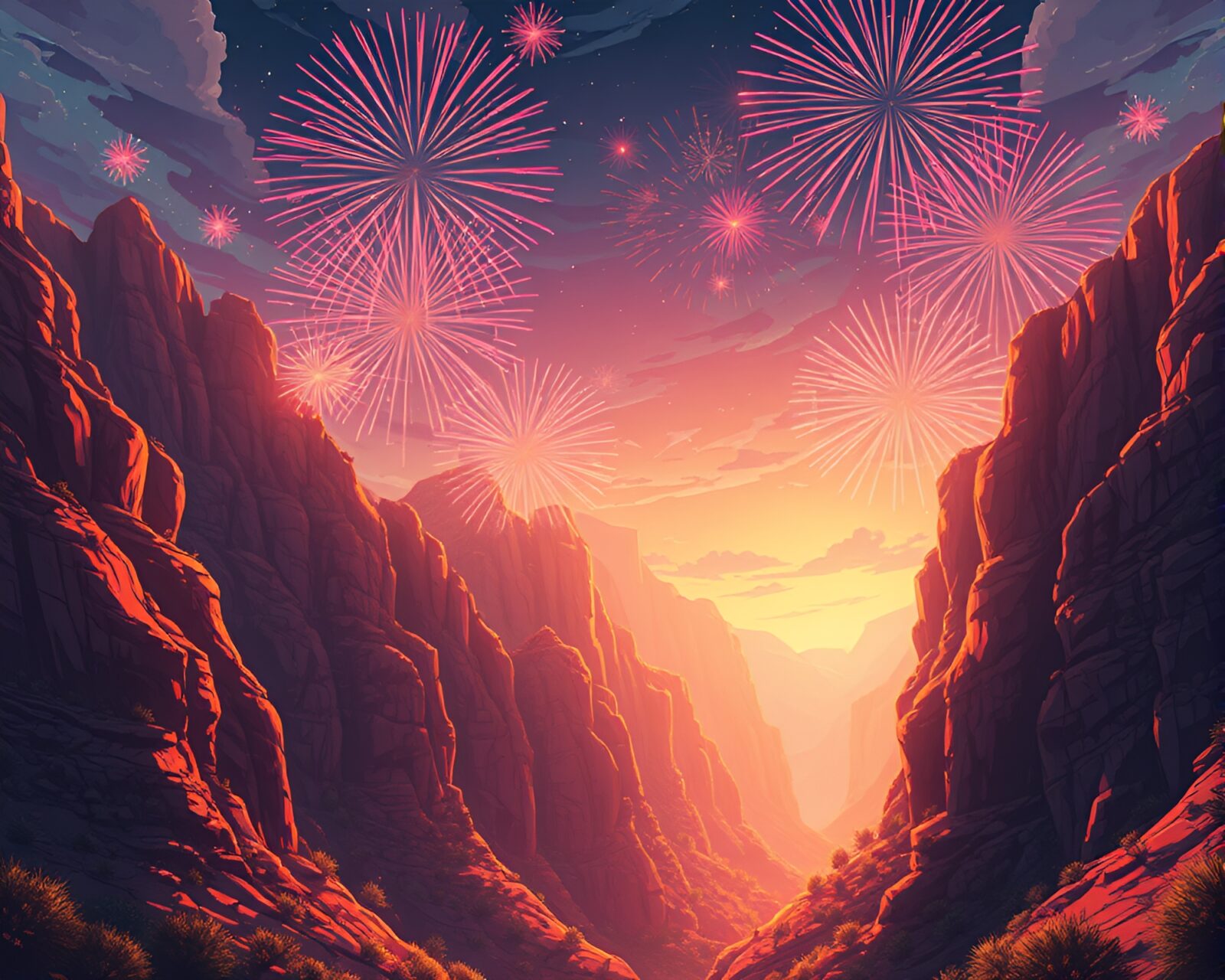 Anime style canyon with warm glow and fireworks bursts