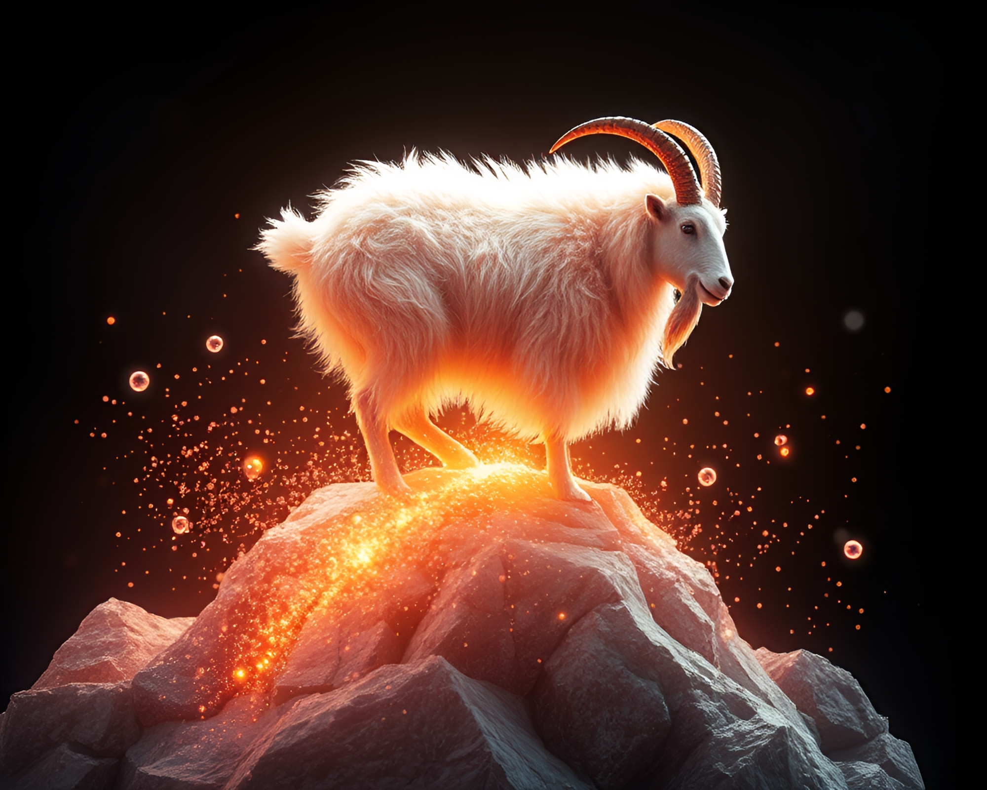 Majestic Mountain Goat Among Glowing Topaz Particles – free AI stock image