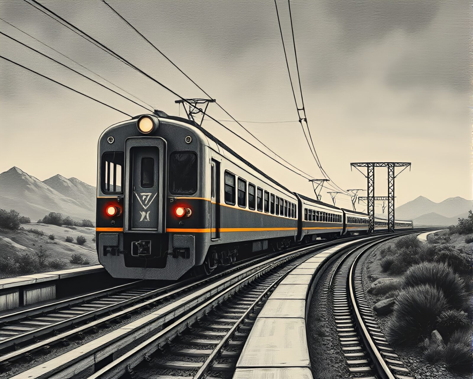 Etched drawing of a levitating train with retro scanlines