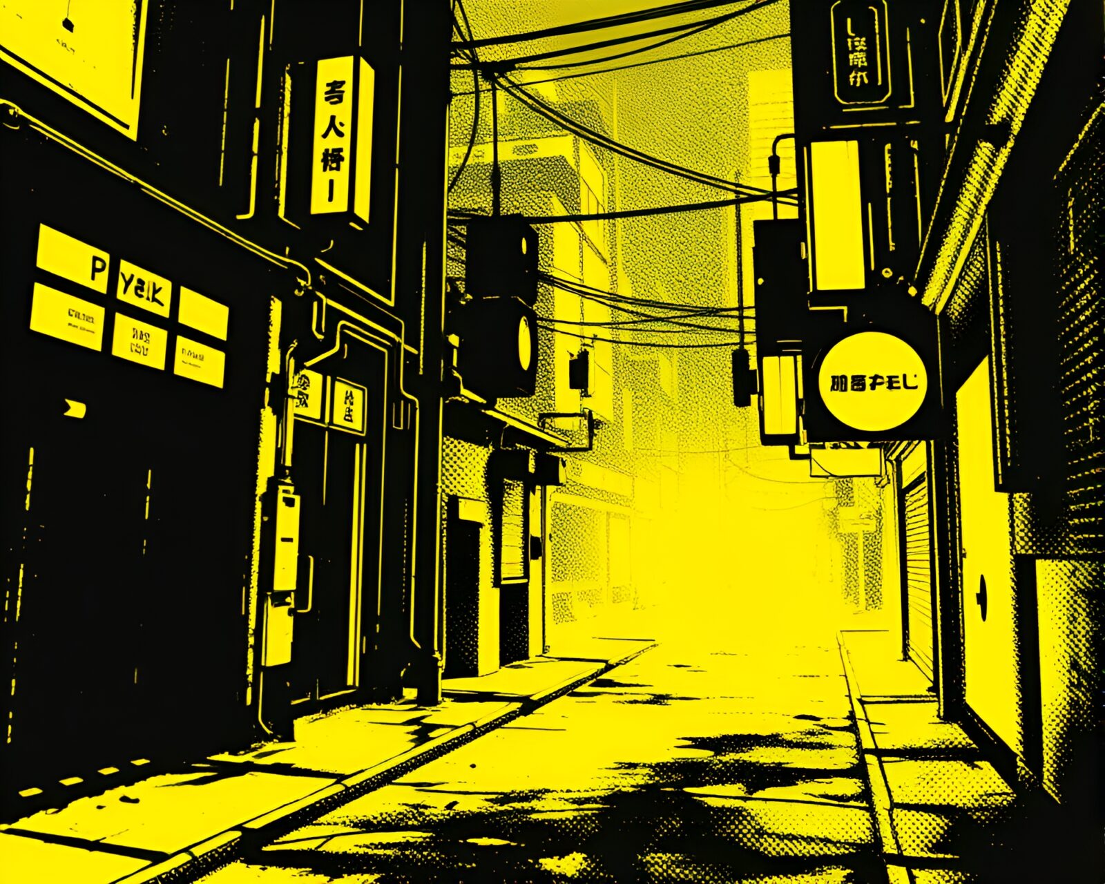 Stipple shaded vector halftone of cyberpunk alley at night