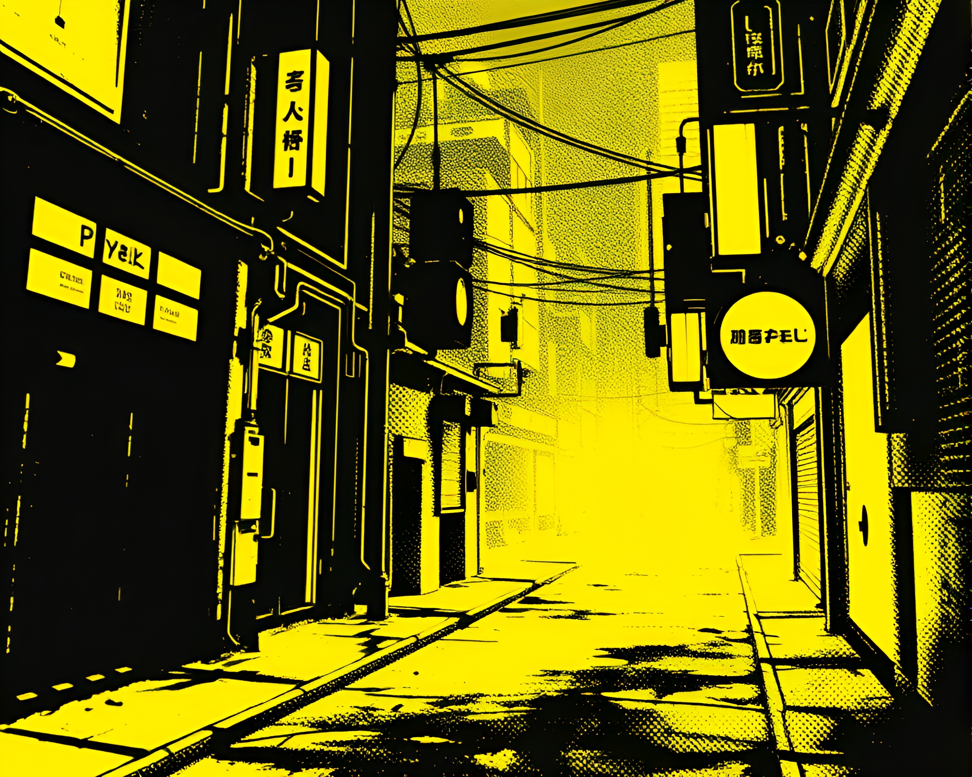 Neon Cyberpunk Alley in Monochrome Yellow Hues – free AI stock image