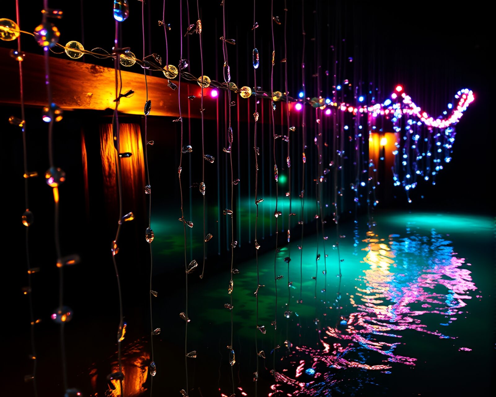 A mesmerizing scene of a wooden bridge glowing in club lights