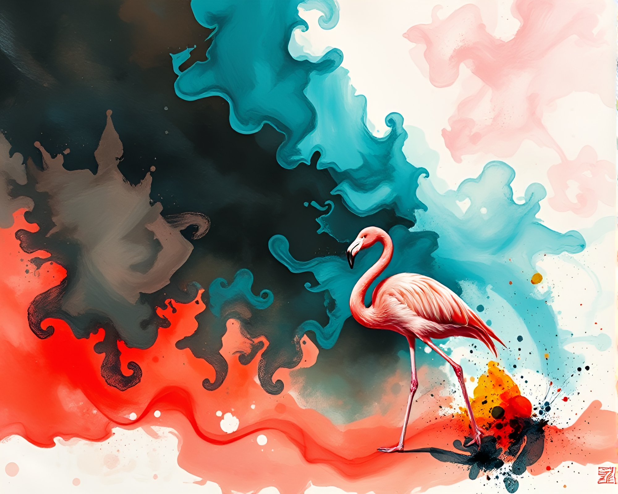 Flamingo in Smoke Rings with Sumi-e Flair – free AI stock image
