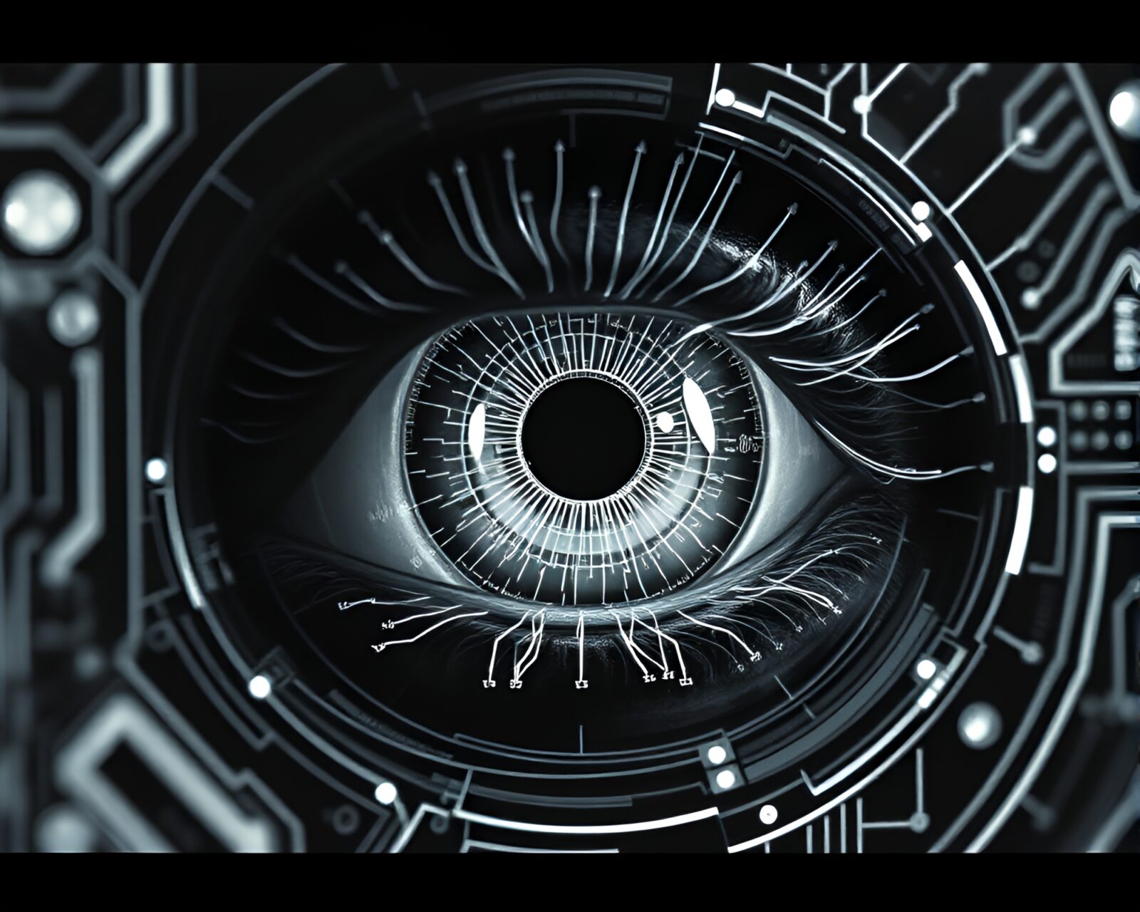 Detailed blueprint sketch of cybernetic eye with hatching lines
