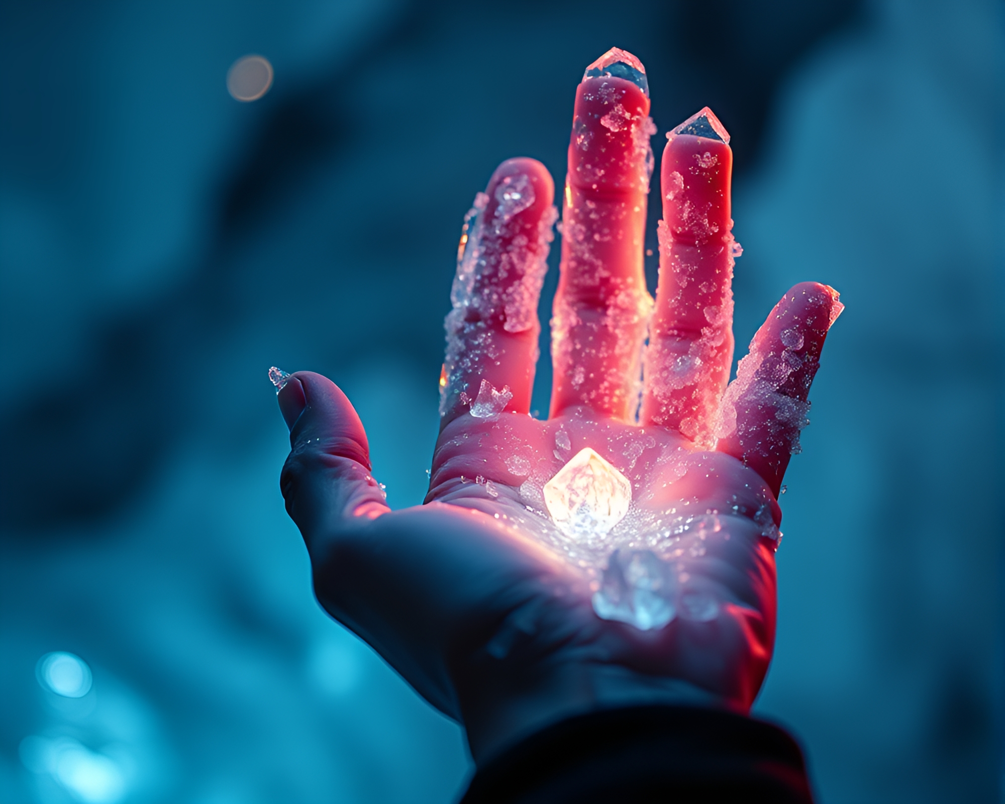 Chiaroscuro Cybernetic Hand with Ice Crystal Compositions – free AI stock image