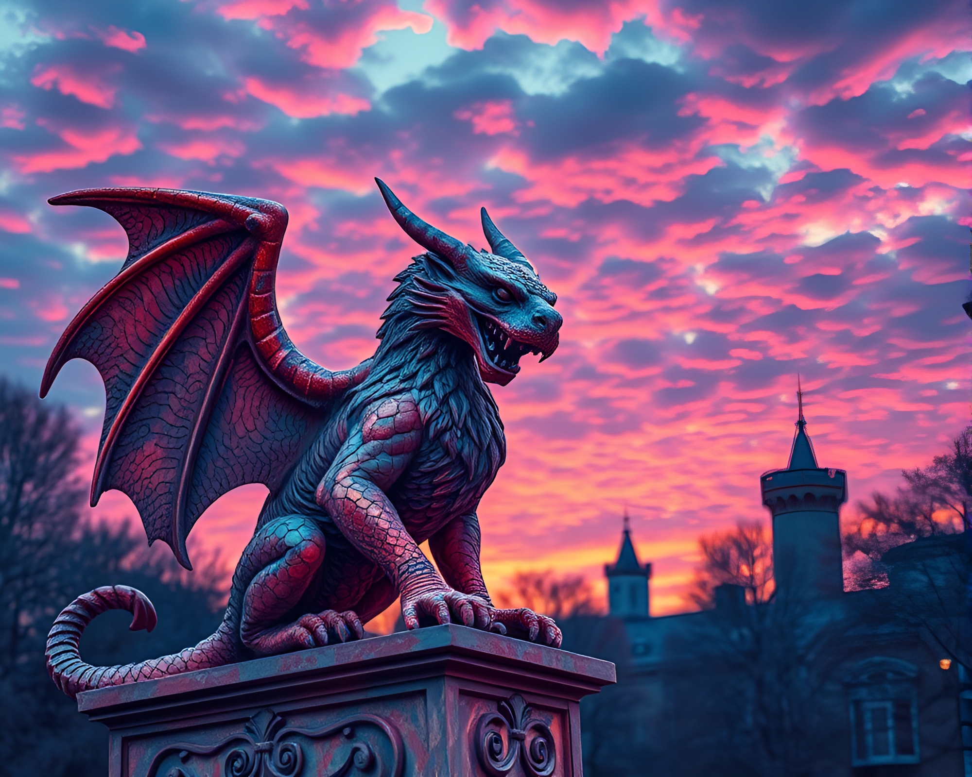 Sunset Gargoyle Guardian in Action Painting Style – free AI stock image