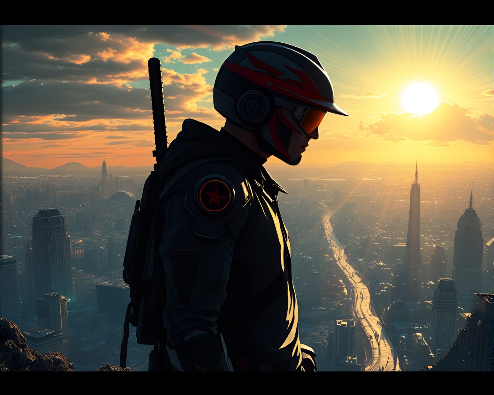 Illustration of cyberpunk hero overlooking futuristic city in sunbeam