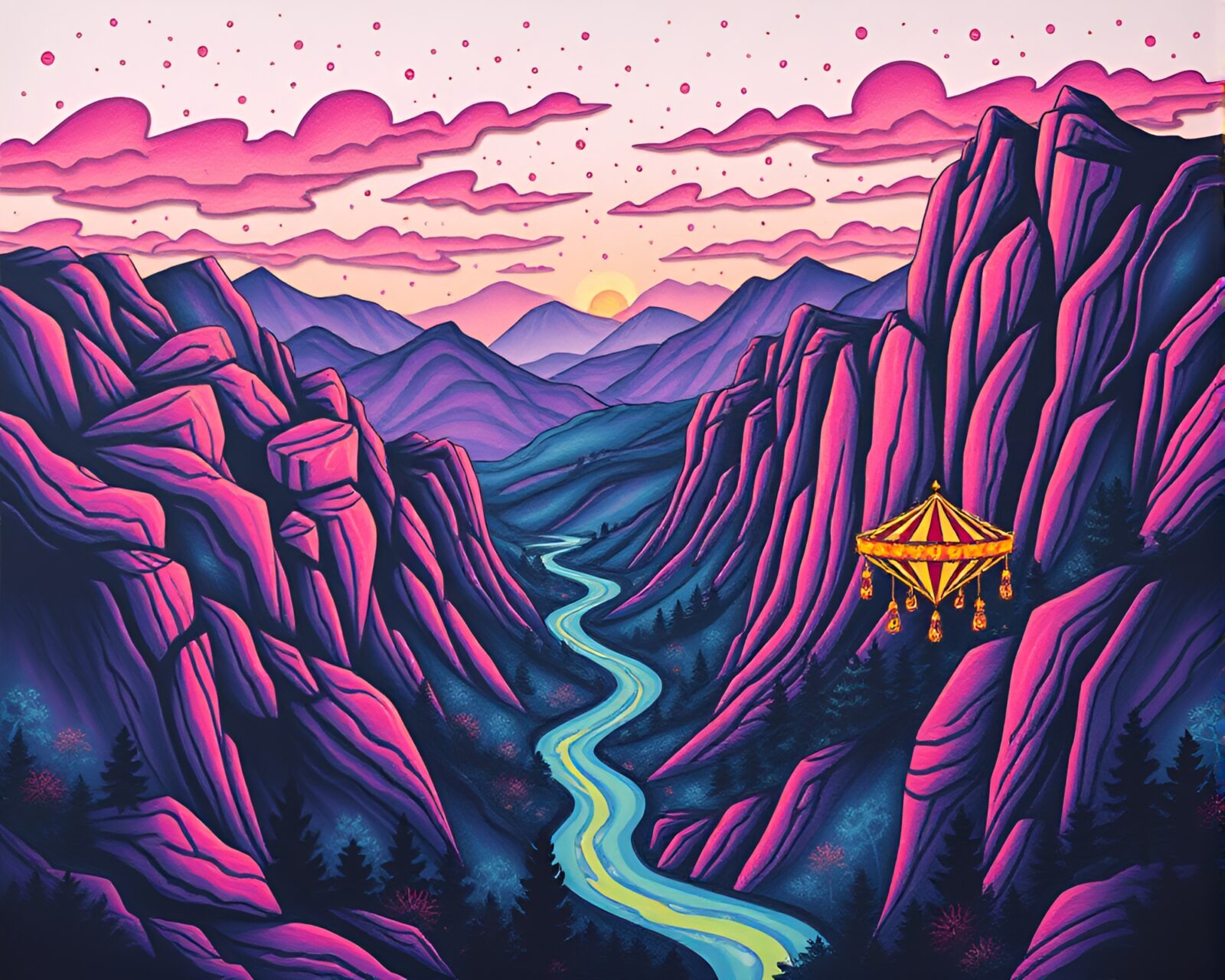 A canyon filled with carnival lights and torn paper elements