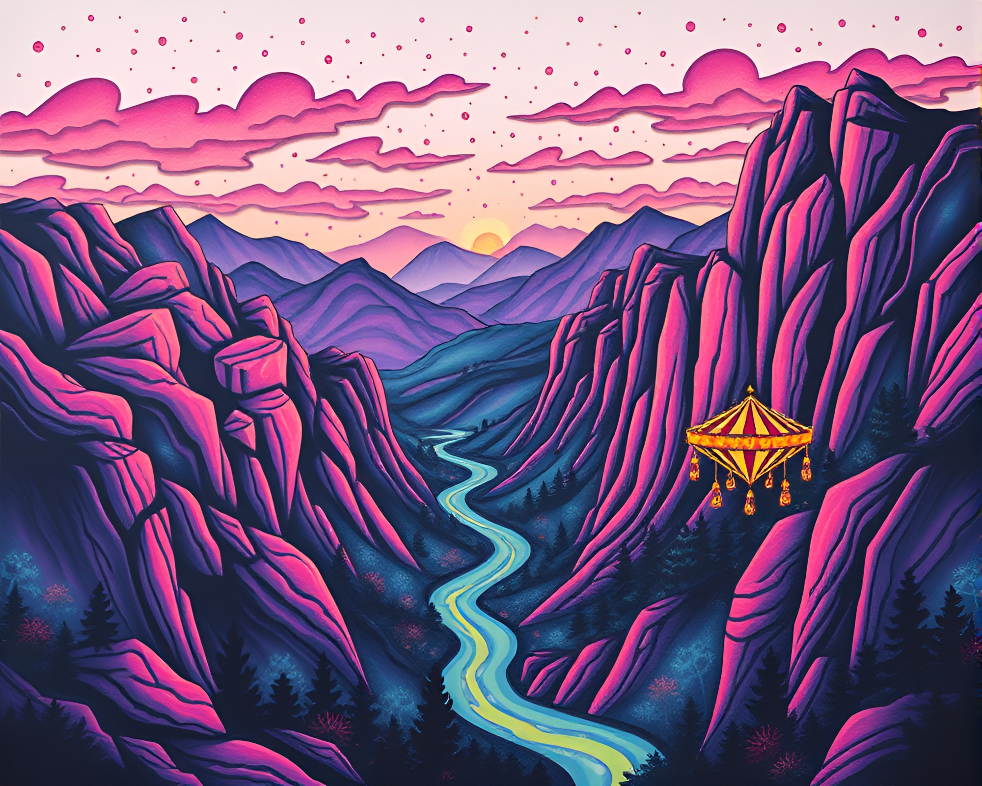 Tattoo-style Carnival Canyon: Paper Tears and Bright Lights – free AI stock image