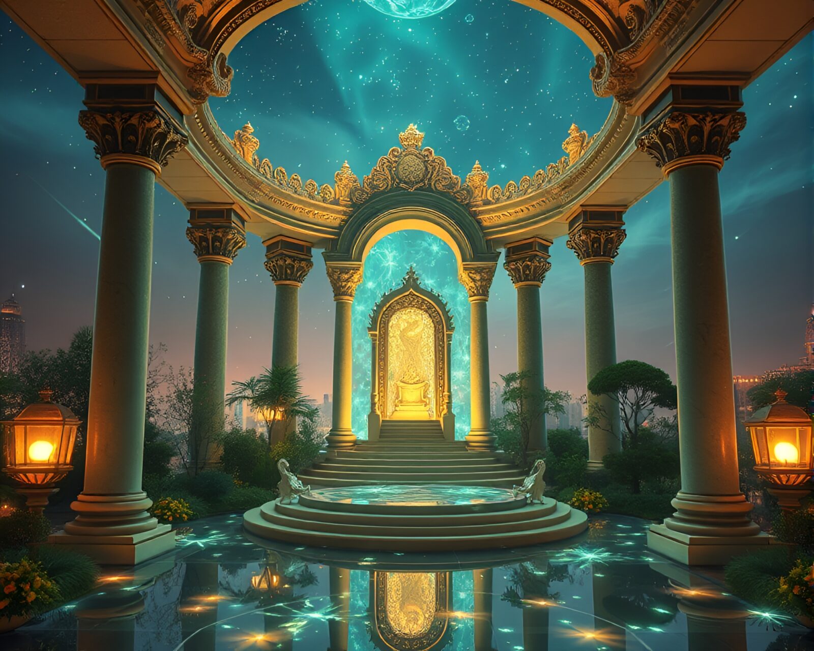 Architectural frame showcasing glowing sky garden with hologram visuals