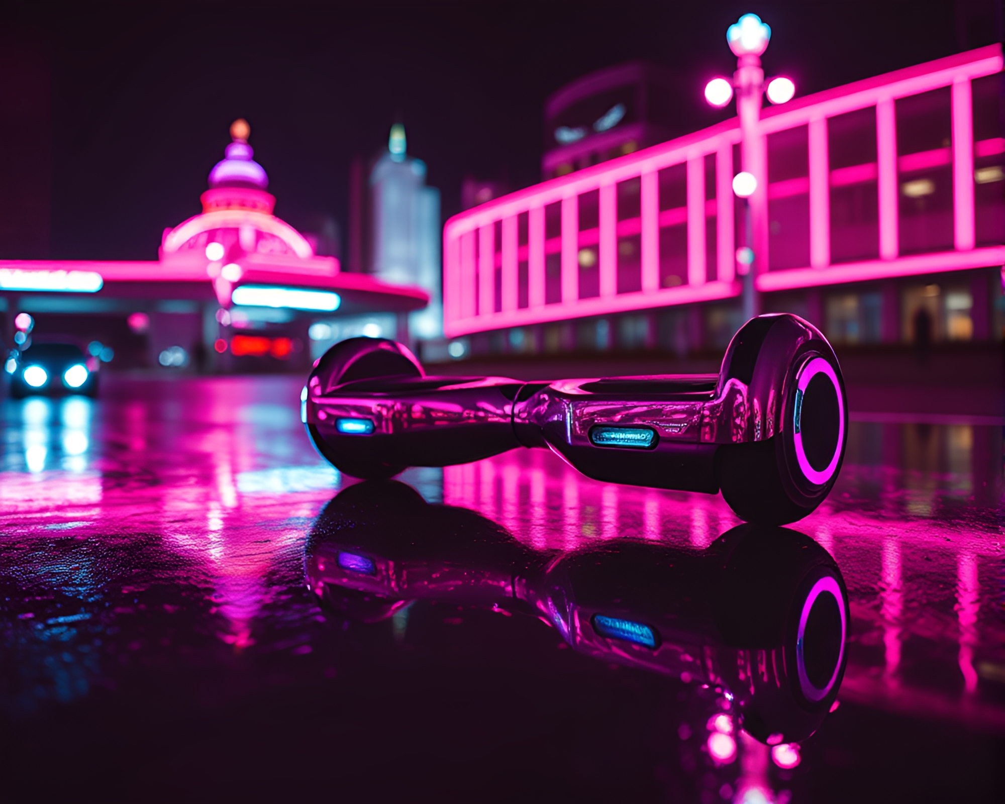 Urban Dreams: Neon Hoverboard Reflections – free AI stock image