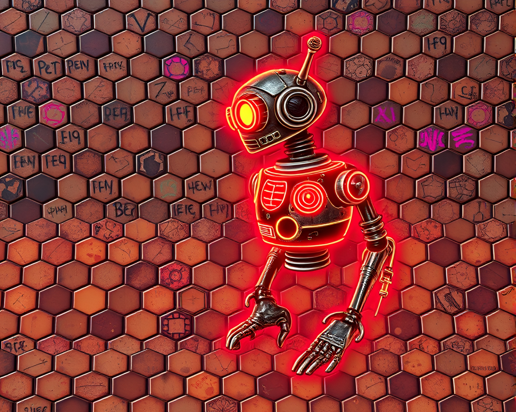Steampunk Robot in Neon Graffiti Hexagonal Universe – free AI stock image