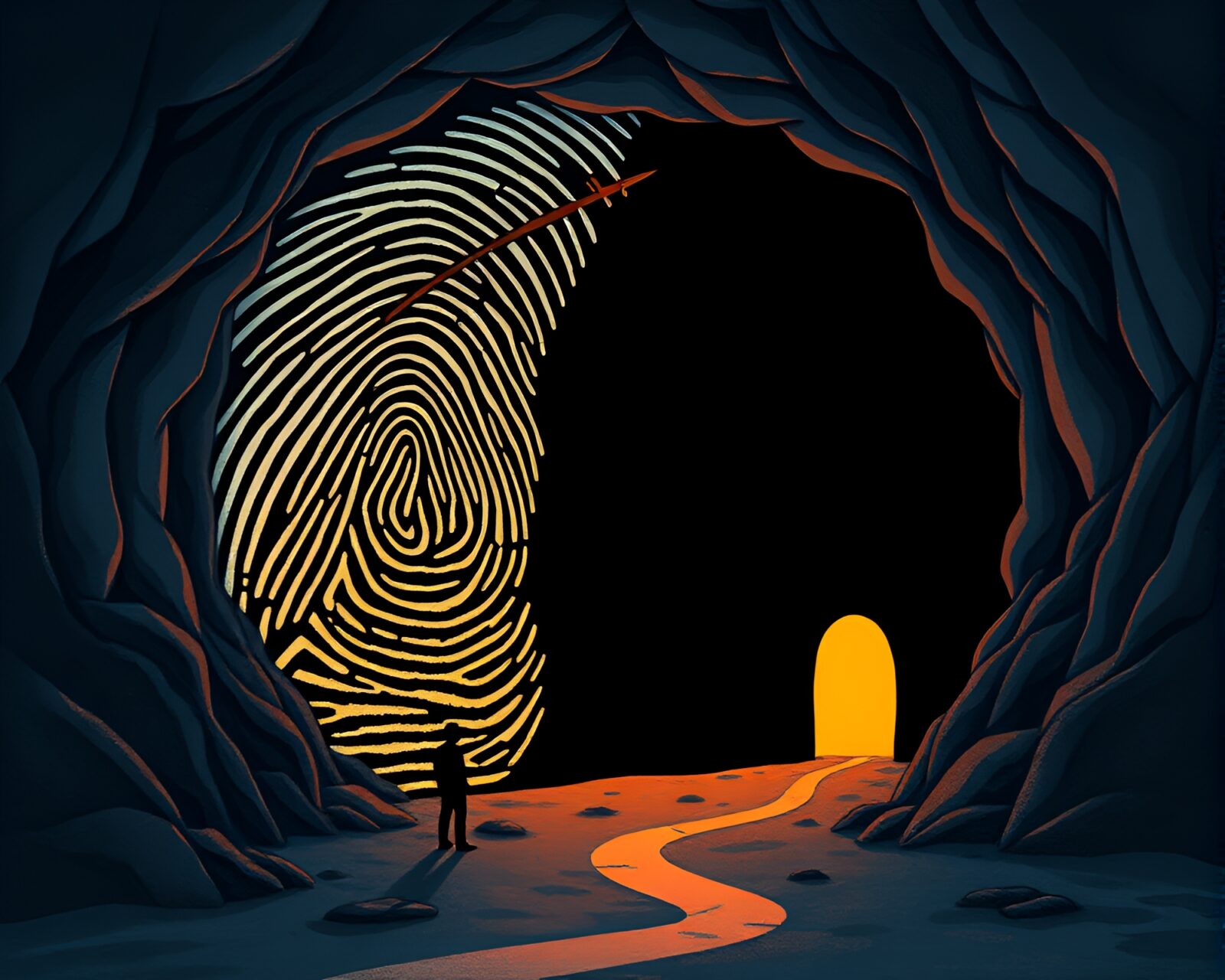 Silhouette illustration of an airplane with fingerprint swirls in a dark cave entrance