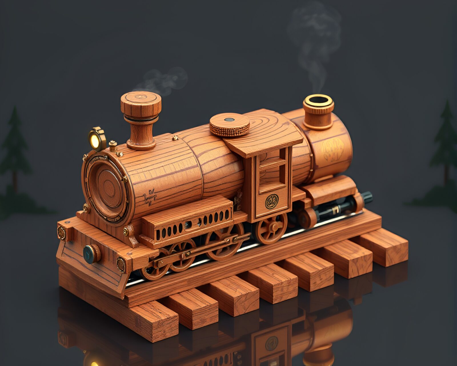 Isometric illustration of a magnetic levitation train surrounded by kaleidoscope wood grain patterns