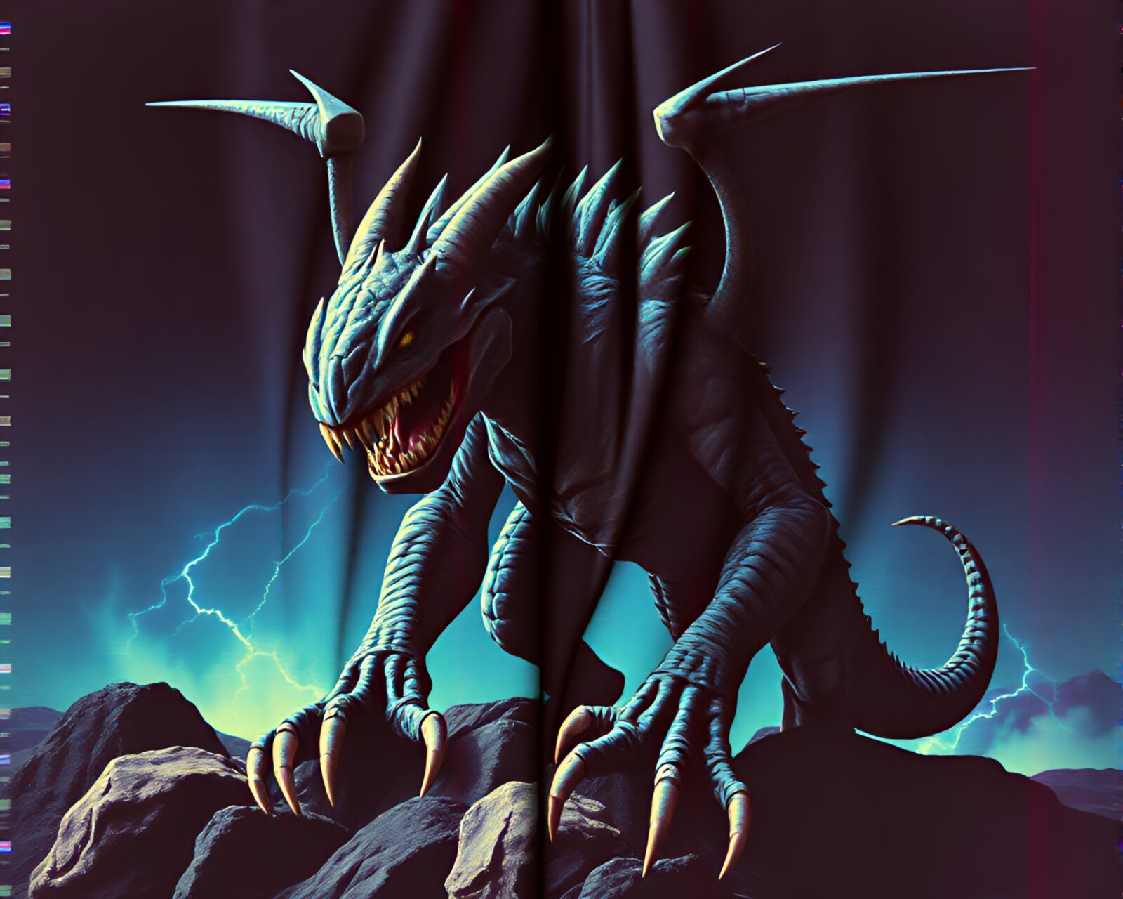 Cerberus surrounded by distorted fabric folds in retro style