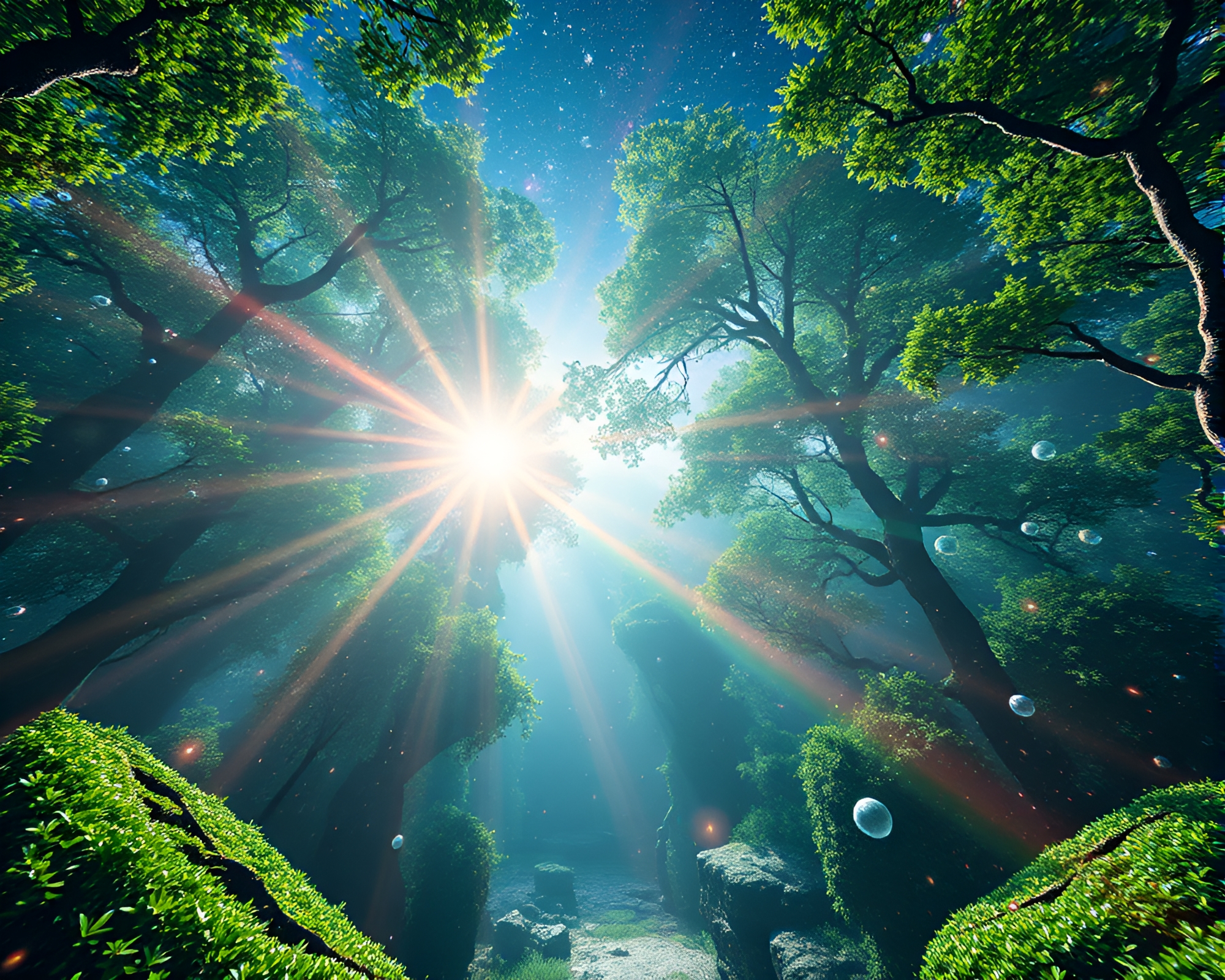 Enigmatic Ancient Grove with Cosmic Rainbow Particles – free AI stock image