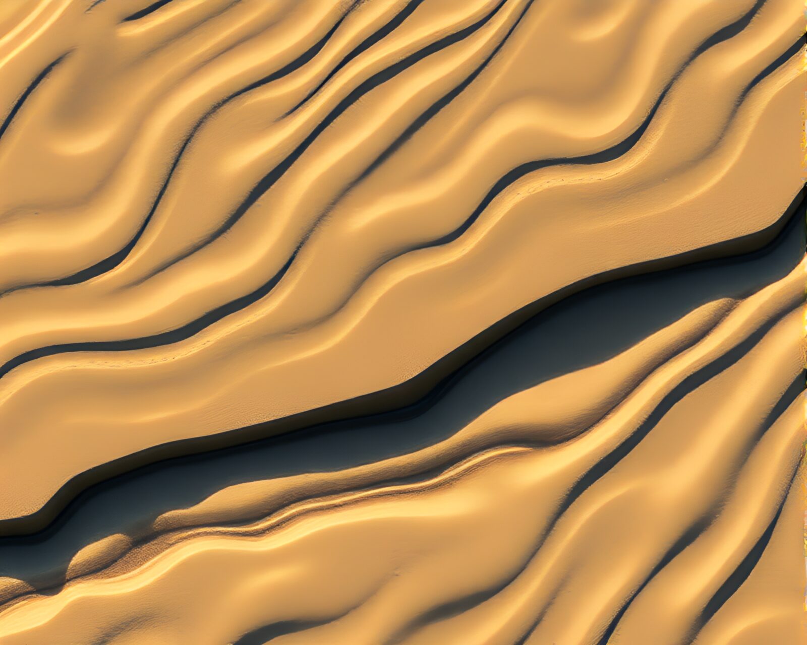 A digital art rendering of sand swirl patterns by a savage river with hard 16-bit shadows