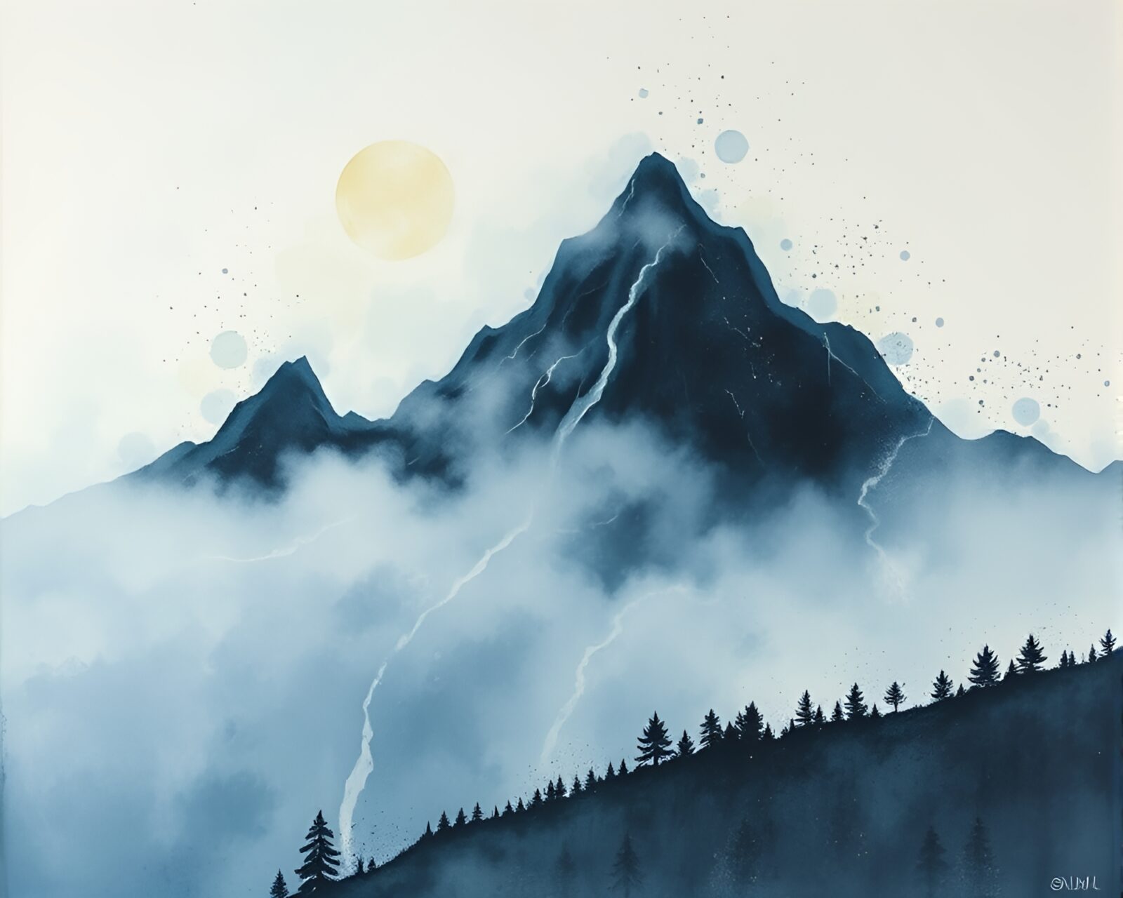 Ink splashes on mist-shrouded mountain in pastel hues