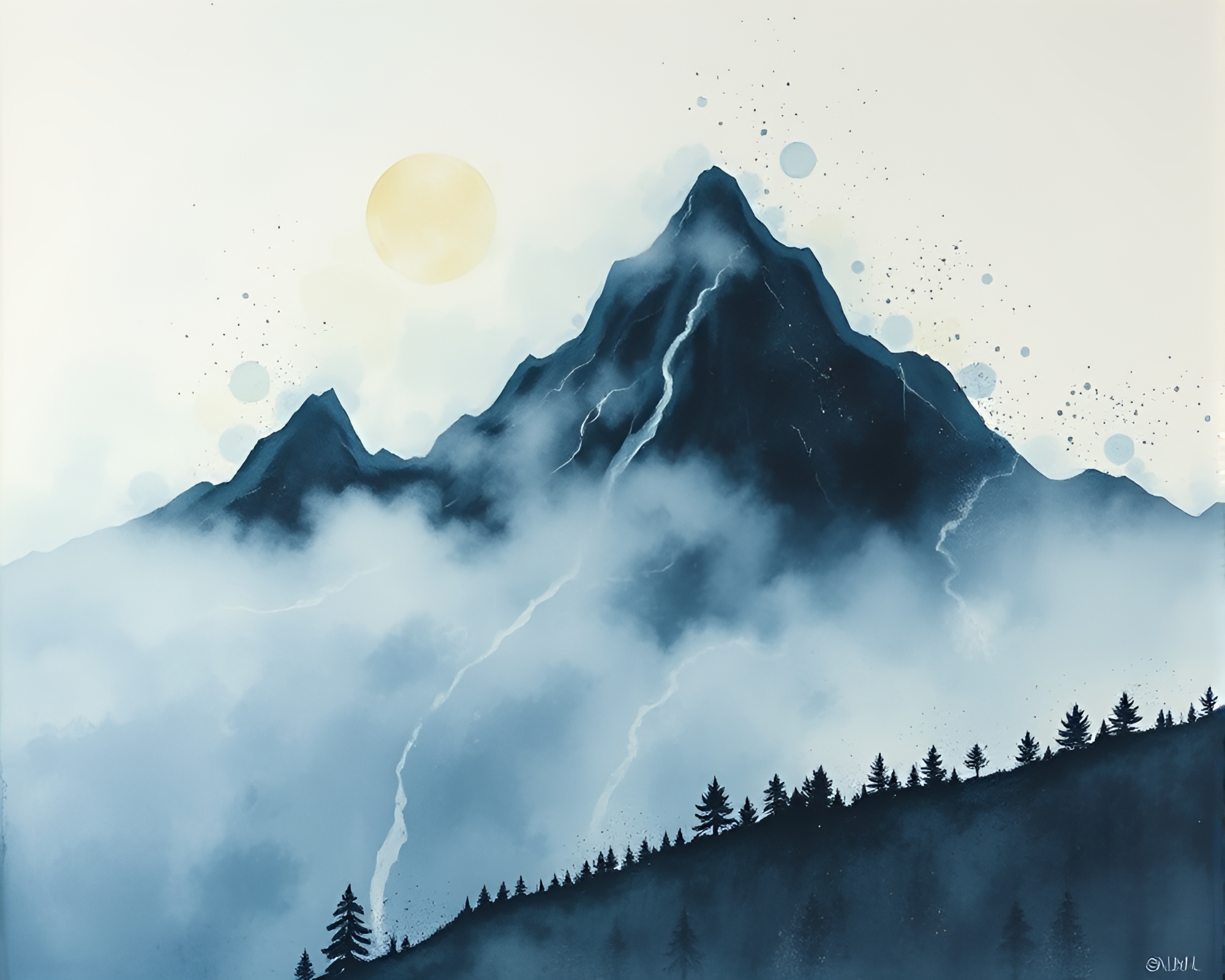 Misty Mountain Splatter Art: Planetary Pastel Scene – free AI stock image